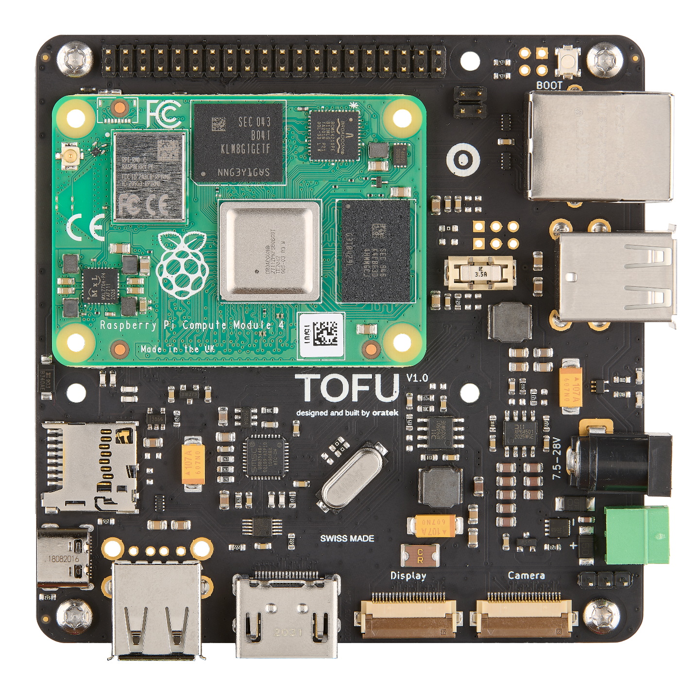 TOFU + Raspberry Pi Compute Module 4 (no mounting plates, screen, or heat sink installed) - Top View